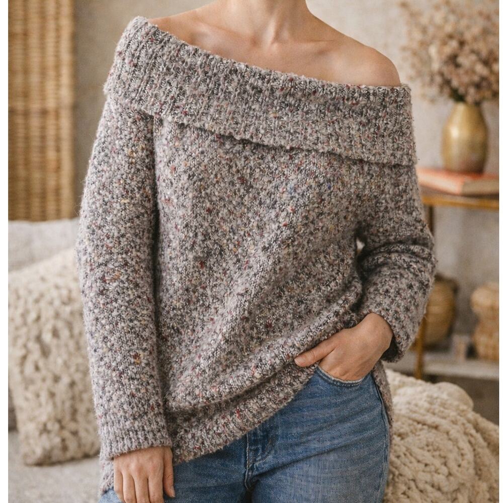 Apt. 9 NWT Chunky Gray Speckled Off Shoulder Tunic Sweater XL Cozy Cottagecore